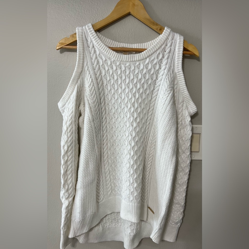 Michael Kors White Cold Shoulder Sweater Medium Cable Knit Hi Low Hem Cozy Chic - Picture 4 of 14
